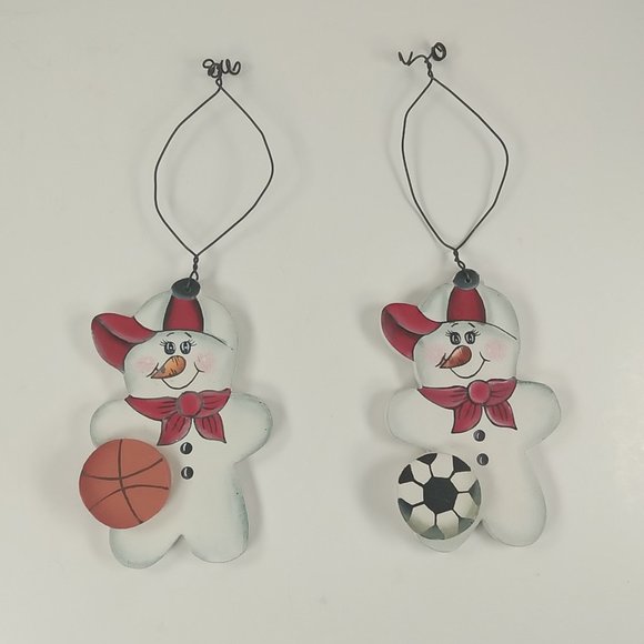 Sporty Snowmen Wooden Country Christmas Ornament Lot: Basketball, Soccer Sports - Picture 1 of 4